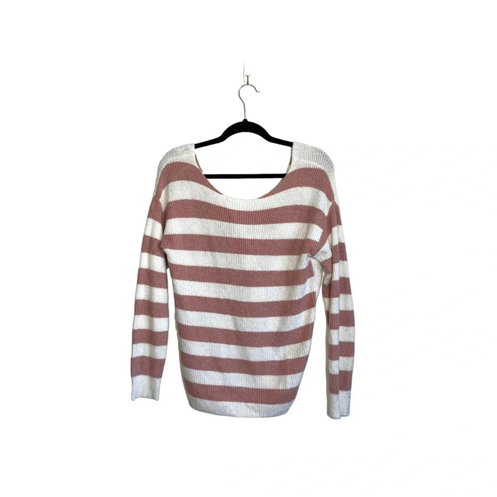 Maurices White & Pink Striped Open Twist Back Reversible Sweater Xsmall Women’s